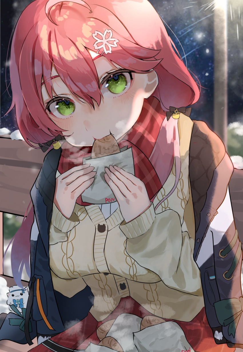1girl 35p_(sakura_miko) ahoge bench black_bow black_jacket blush bow cable_knit cardigan commentary eating food green_eyes hair_between_eyes hair_ornament hairclip highres holding holding_food hololive jacket jacket_on_shoulders kashio_(92984798) looking_at_viewer outdoors pink_hair plaid plaid_scarf red_scarf red_skirt sakura_miko scarf sitting skirt snow solo steam taiyaki twintails virtual_youtuber wagashi