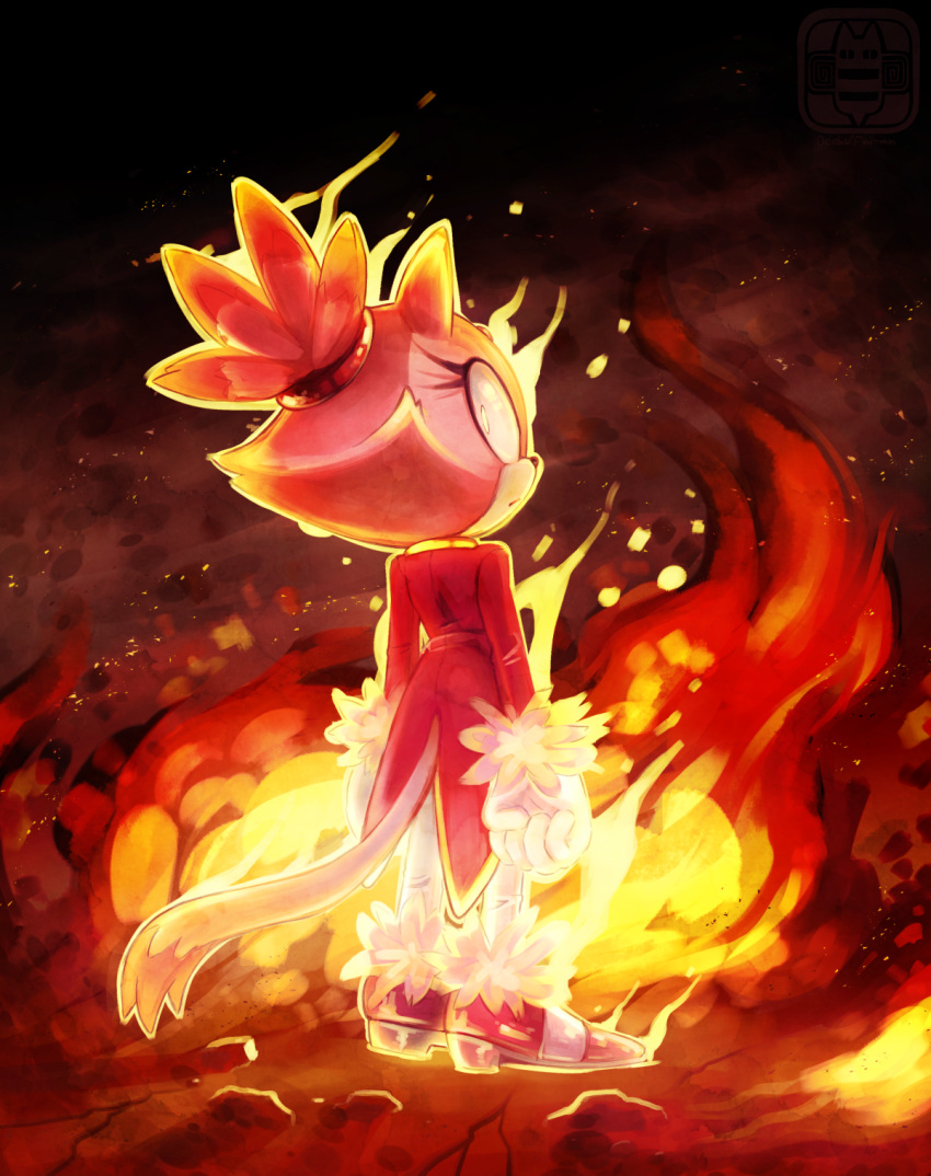 1girl animal_ears blaze_the_cat burning cat_ears cat_girl cat_tail deebs embers eyelashes fire fur-trimmed_gloves fur_trim furry furry_female gloves highres looking_at_viewer looking_back pants pink_footwear ponytail purple_fur smoke sonic_(series) tail white_gloves white_pants