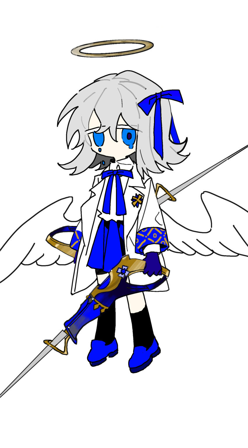 1girl absurdres angel angel_wings asymmetrical_legwear badge black_socks black_thighhighs blue_bow blue_bowtie blue_eyes blue_footwear blue_sky bow bowtie chinese_commentary coat coattails collared_shirt commentary_request cross crying crying_with_eyes_open dual_wielding full_body grey_hair hair_bow halo high_collar highres holding holding_sword holding_weapon kneehighs layered_sleeves long_sleeves medium_hair miniskirt mismatched_legwear no_mouth open_clothes open_coat original pleated_skirt shirt shoes simple_background single_kneehigh single_sock single_thighhigh skirt sky socks solo sword teardrop tears thigh-highs tiankong_yiji weapon white_background white_coat white_shirt white_sleeves white_wings wings yellow_halo