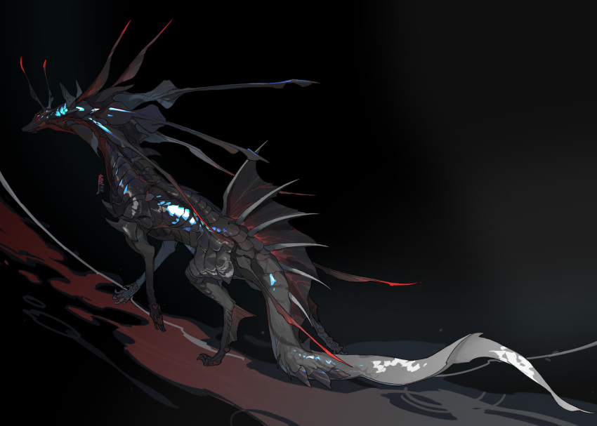 absurdres animal_focus antennae black_background chinese_commentary claws commentary_request fins from_side full_body gradient_background head_fins highres looking_at_viewer microw monster no_humans original red_eyes scales signature simple_background slit_pupils solo tail walking