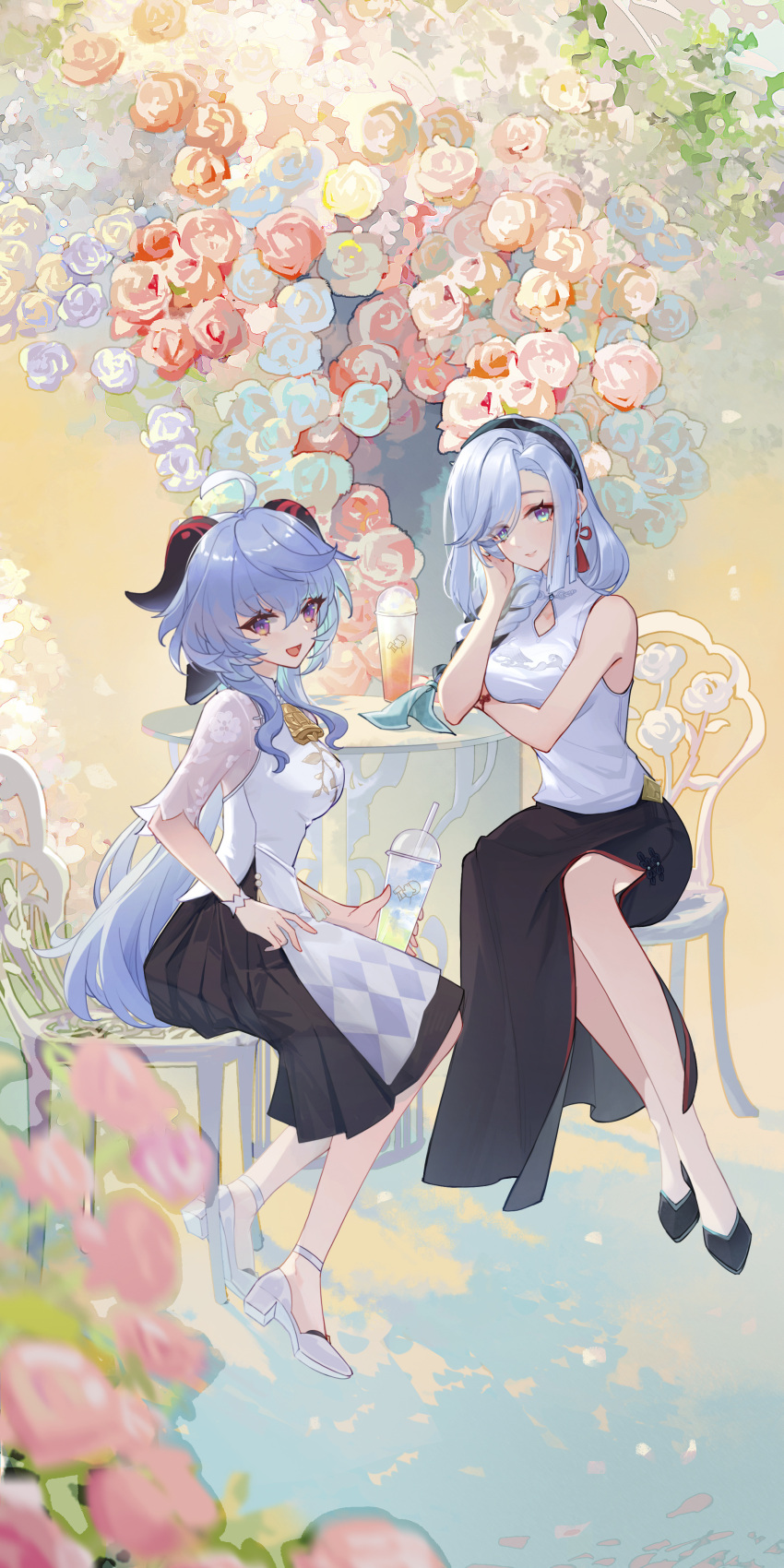 2girls absurdres ahoge bell black_skirt blue_eyes blue_hair blush boutique breasts chair cup disposable_cup drinking_straw flower full_body ganyu_(genshin_impact) ganyu_(heytea)_(genshin_impact) genshin_impact hair_over_one_eye hairband high_heels highres holding holding_cup horns long_hair looking_at_viewer medium_breasts multiple_girls neck_bell official_alternate_costume open_mouth red_tassel see-through see-through_sleeves shenhe_(genshin_impact) shenhe_(heytea)_(genshin_impact) shirt sidelocks sitting skirt sleeveless sleeveless_shirt smile table violet_eyes white_shirt white_wristband zima_(zima_zima)
