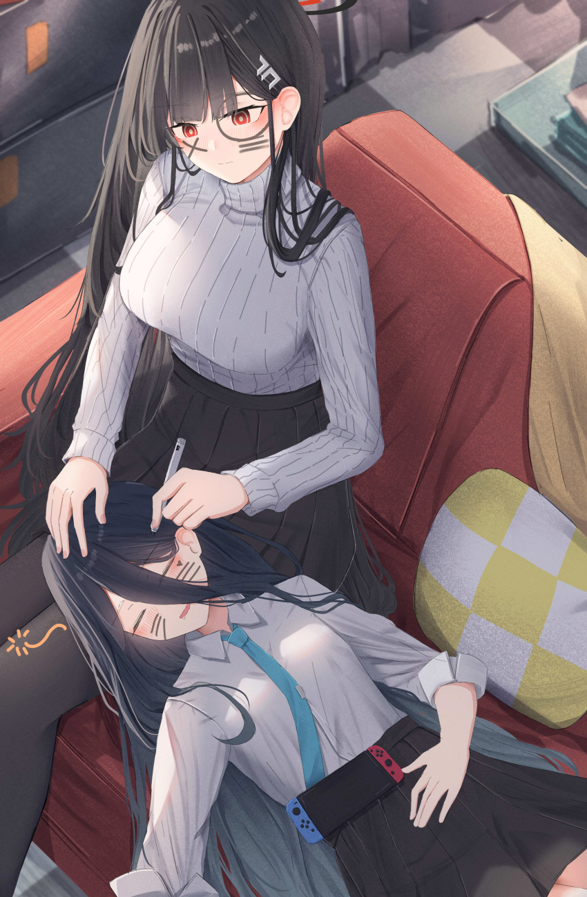 2girls absurdly_long_hair absurdres aris_(blue_archive) black_hair black_pantyhose black_skirt blue_archive blush breasts closed_mouth collared_shirt hair_ornament hairpin halo handheld_game_console highres holding holding_pen indoors large_breasts leonardo_566 long_hair long_sleeves multiple_girls nintendo_switch open_mouth pantyhose pen pleated_skirt red_eyes ribbed_sweater rio_(blue_archive) shirt skirt sleeping smile sweater turtleneck turtleneck_sweater very_long_hair white_shirt white_sweater