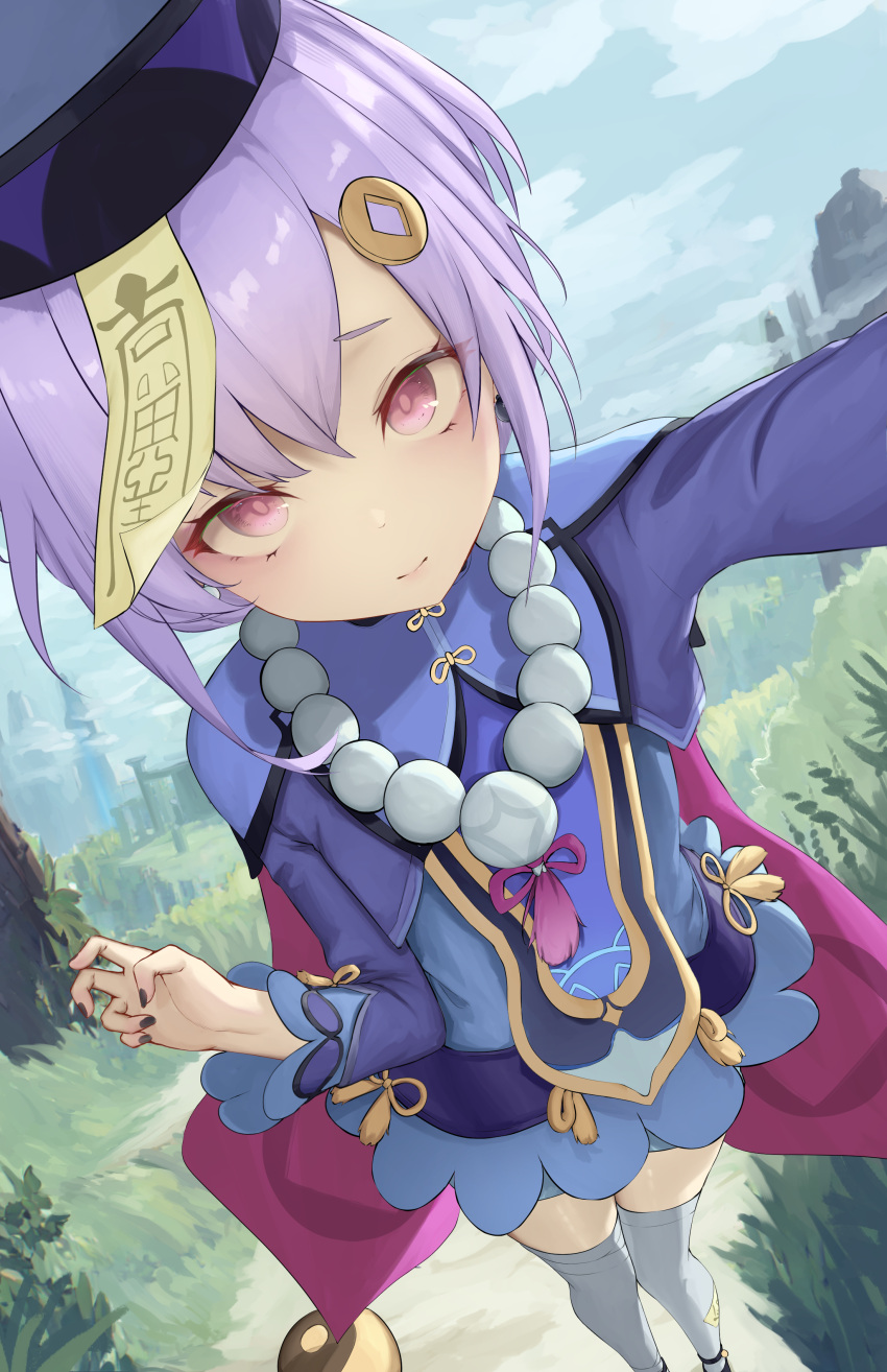 1girl absurdres bead_necklace beads black_nails blue_capelet capelet clouds coin_hair_ornament day genshin_impact grey_thighhighs hair_ornament hat highres jewelry jiangshi looking_at_viewer necklace ofuda ofuda_on_head outdoors pink_eyes purple_hair qingdai_guanmao qiqi_(genshin_impact) solo talisman thigh-highs xiao_xiao_tian