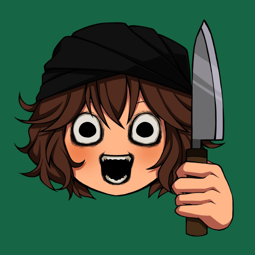 1jumangoku 1other androgynous bags_under_eyes bandana black_bandana black_eyes brown_hair commentary crazy crazy_eyes crazy_smile green_background head_only highres holding holding_knife knife kuzu_suzumi len'en looking_at_viewer messy_hair open_mouth other_focus sharp_teeth short_hair simple_background smile solo straight-on teeth turban
