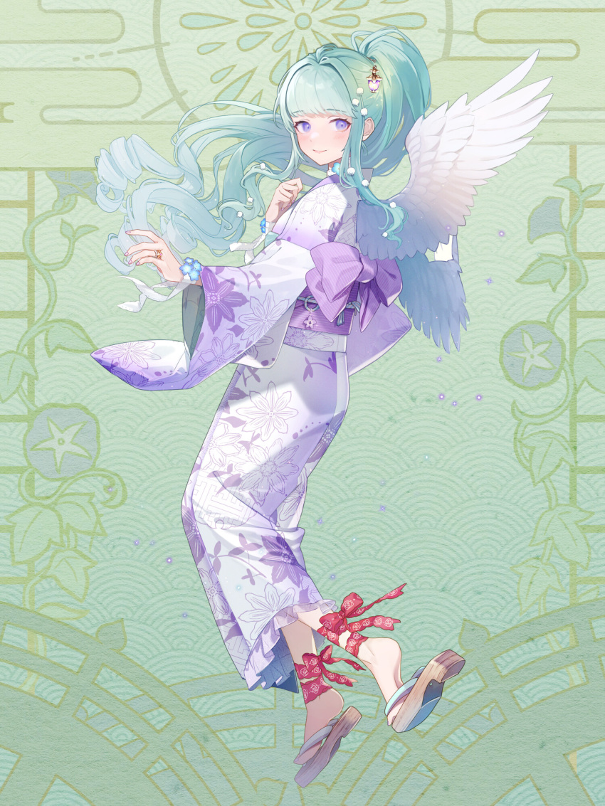 1girl ankle_ribbon bow dairoku_ryouhei feathered_wings floral_print full_body green_background green_hair hair_ornament highres japanese_clothes jewelry kimono leg_ribbon long_hair long_sleeves looking_at_viewer oomizuao purple_bow red_ribbon ribbon ring sandals sidelocks smile solo til_roeve violet_eyes white_wings wings