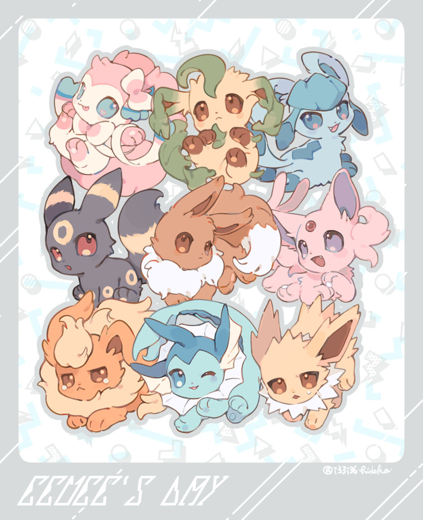 :o absurdres animal_focus animal_hands blue_eyes brown_eyes chibi eevee english_text espeon expressionless fang fins flareon floppy_ears fluffy forehead_jewel gem glaceon grey_background head_fins hideko_(l33l3b) highres jolteon leafeon looking_back looking_up lying no_humans on_back on_stomach open_mouth outstretched_paw pink_fur pokemon pokemon_(creature) red_eyes red_gemstone ribbon signature sitting smile sweatdrop sylveon tearing_up tears tongue tongue_out twitter_username umbreon vaporeon violet_eyes