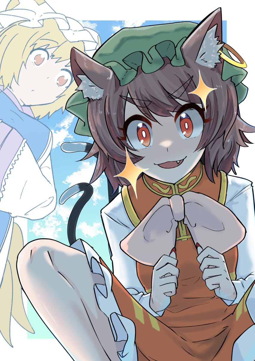 2girls absurdres animal_ear_fluff animal_ears blonde_hair blush brown_eyes brown_hair cat_ears cat_tail chen closed_mouth dress earrings fang fingernails fox_ears fox_tail green_headwear hands_in_opposite_sleeves hat highres jewelry long_fingernails long_sleeves looking_at_viewer mob_cap multiple_girls multiple_tails nail_polish open_mouth red_dress red_eyes red_nails sharp_fingernails short_hair single_earring smile tabard tail touhou two_tails white_dress white_headwear yakumo_ran yet_you