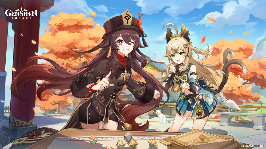 2girls absurdres animal_ears black_shorts brown_hair carlo cat_ears cat_girl cat_tail clouds detached_sleeves flower flower-shaped_pupils genius_invokation_tcg genshin_impact gradient_hair grin hair_between_eyes hat hat_flower highres holding hu_tao_(genshin_impact) kirara_(genshin_impact) leaf light_brown_hair long_hair long_sleeves low_twintails multicolored_hair multiple_girls multiple_tails official_art one_eye_closed open_mouth outdoors red_eyes red_flower redhead shorts sky smile symbol-shaped_pupils table tail tree twintails two_tails very_long_hair vision_(genshin_impact)