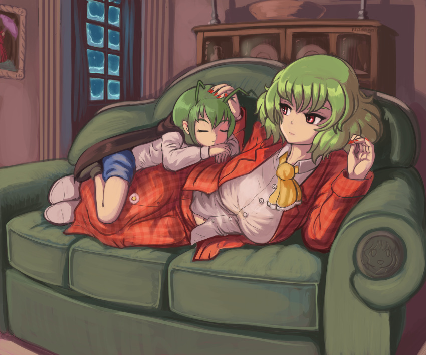 2girls antennae ascot black_cape blue_shorts breasts cape closed_eyes collared_shirt commentary couch english_commentary full_body green_hair highres indoors kazami_yuuka large_breasts looking_at_another lying multiple_girls on_side plaid plaid_vest profitshame red_eyes red_nails red_skirt red_vest shirt short_hair shorts skirt sleeping touhou vest white_footwear white_shirt wriggle_nightbug yellow_ascot