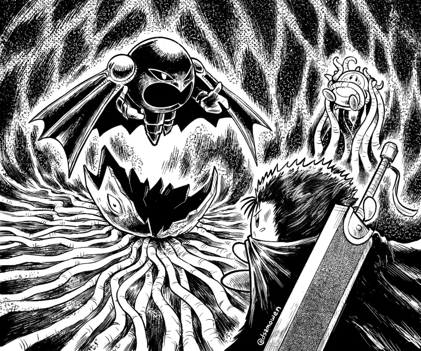 bad_id bad_twitter_id berserk cape cosplay dragonslayer_(sword) femto_(berserk) femto_(berserk)_(cosplay) greyscale guts_(berserk) guts_(berserk)_(cosplay) hatching_(texture) highres inactive_account kirby kirby_(series) linear_hatching meta_knight miura_kentarou_(style) monochrome sam_o spiky_hair sword sword_on_back tentacles waddle_dee weapon weapon_on_back