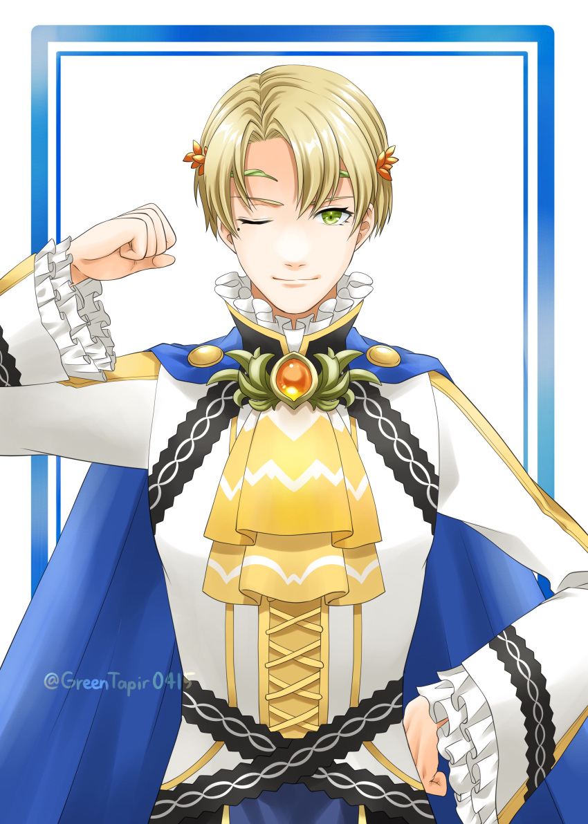 1boy absurdres alfred_(fire_emblem) ascot asymmetrical_bangs blonde_hair blue_border border commentary_request curtained_hair eyelashes fire_emblem fire_emblem_engage frilled_sleeves frills green_eyes hand_on_own_hip high_collar highres looking_at_viewer male_focus midori_no_baku one_eye_closed shirt short_hair simple_background smile solo upper_body white_background white_shirt yellow_ascot