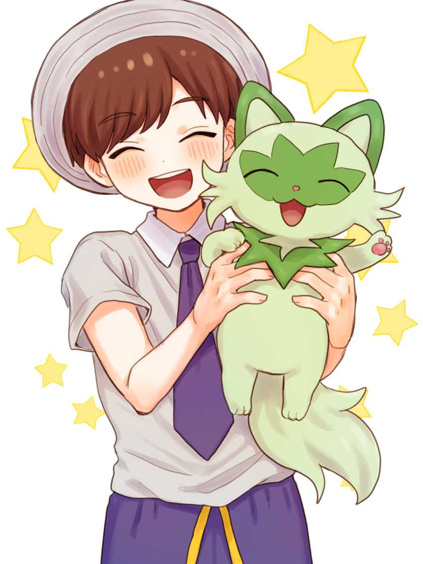 1boy :d blush brown_hair closed_eyes collared_shirt commentary_request florian_(pokemon) hat highres holding holding_pokemon male_focus mochi_(mocchi_p_2m) necktie open_mouth pokemon pokemon_(creature) pokemon_sv purple_necktie purple_shorts shirt short_hair short_sleeves shorts smile sprigatito star_(symbol) teeth upper_teeth_only white_background