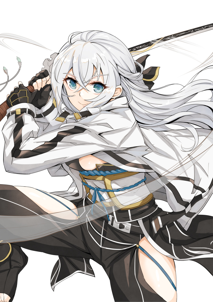1girl ahoge black_gloves blue_eyes clothing_cutout coat double-parted_bangs eiyuu_densetsu fingerless_gloves floating_hair gloves hair_between_eyes half_updo highres holding holding_sword holding_weapon japanese_clothes katana kuro_no_kiseki looking_at_viewer open_clothes open_coat shizuna_rem_misurugi solo sword thigh-highs thigh_cutout transparent_background weapon yougen_kitsune
