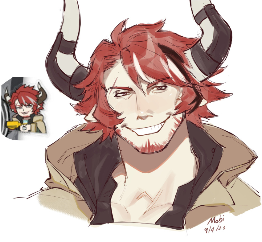 1boy absurdres animal_ears arknights beard cow_boy cow_ears cow_horns creepy_eyes cropped_torso facial_hair full_beard half-closed_eyes highres horns humus_(arknights) looking_at_viewer male_focus mature_male mobrinono multicolored_hair redhead reference_inset short_hair smile streaked_hair thick_eyebrows