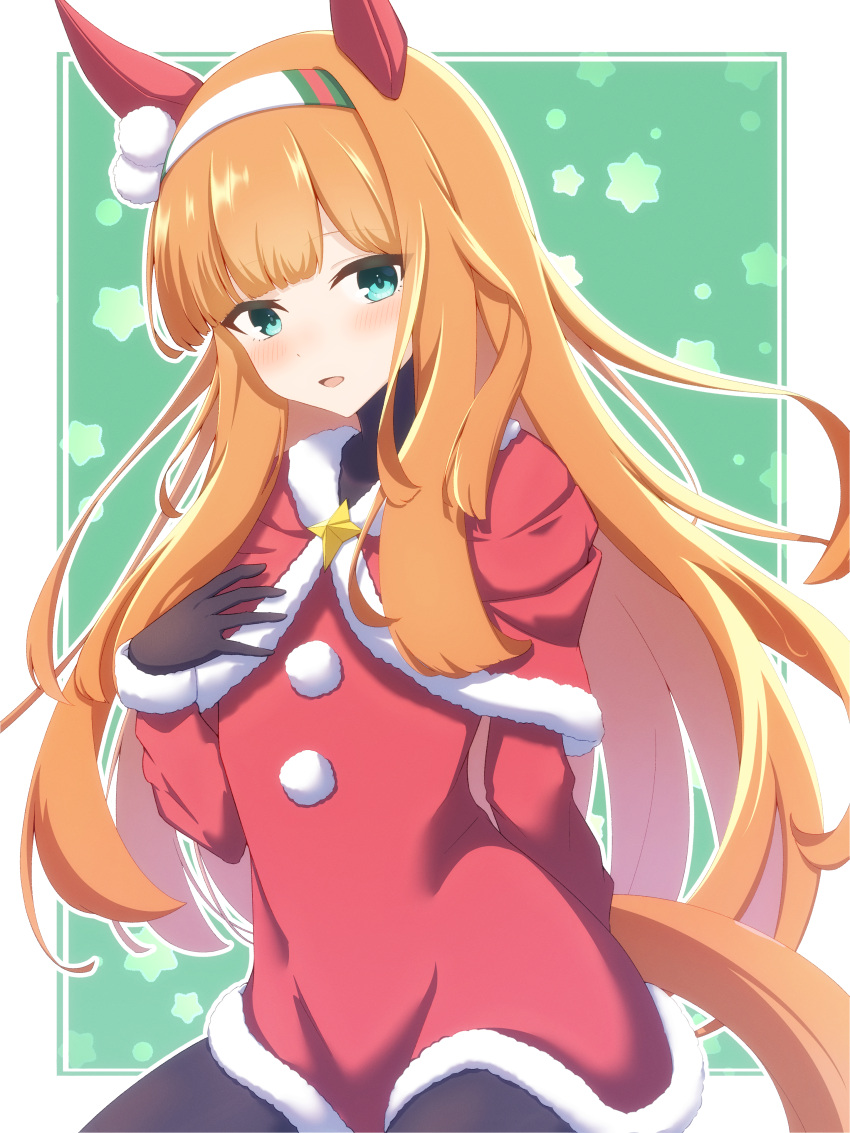 1girl absurdres alternate_costume animal_ears blue_eyes blunt_bangs blush breasts gloves headband highres horse_ears horse_girl horse_tail k0me long_hair looking_at_viewer open_mouth orange_hair pantyhose santa_costume silence_suzuka_(umamusume) simple_background small_breasts solo tail umamusume