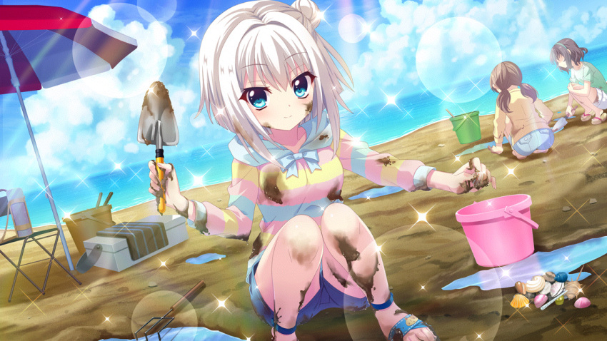 3girls beach beach_umbrella blue_eyes blue_hairband blue_shorts blue_sky breasts bucket clam_digging closed_mouth clouds cloudy_sky day digging dirty dirty_clothes dirty_face dot_nose dutch_angle film_grain flip-flops game_cg green_shirt hair_bun hairband hand_up hood hoodie horizon izumi_tsubasu lens_flare looking_at_viewer low_twintails mud multicolored_clothes multicolored_hoodie multiple_girls nishidate_haku non-web_source ocean official_art outdoors puddle rake re:stage! red_umbrella sandals seashell shell shirt short_hair shorts shovel single_side_bun sitting sky small_breasts smile solo_focus sparkle sweater thermos twintails two-tone_umbrella umbrella white_hair white_shorts white_umbrella yellow_sweater