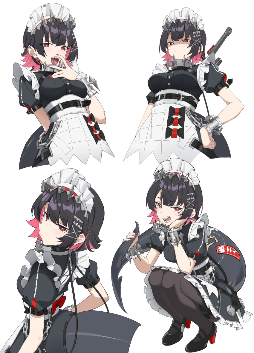 1girl :d absurdres black_dress black_hair black_pantyhose bow breasts closed_mouth colored_inner_hair dress ellen_joe frilled_dress frills hand_on_own_cheek hand_on_own_face high_heels highres holding_own_tail looking_at_viewer looking_back looking_down maid maid_headdress medium_breasts mole mole_under_eye multicolored_hair multiple_views pantyhose pink_hair red_bow red_eyes red_nails shaded_face sharp_teeth short_hair short_sleeves simple_background smile squatting tail tamago_(eva1314056) teeth unconventional_maid white_background zenless_zone_zero