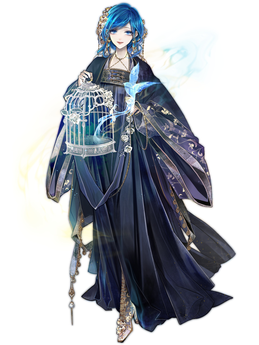 1girl aoi_fujimiya bird birdcage black_dress blue_eyes cage dairoku_ryouhei dress earrings hair_ornament high_heels highres holding holding_cage jewelry lipstick long_hair looking_at_viewer makeup miyo1101 solo spirit standing transparent_background wide_sleeves yellow_nails