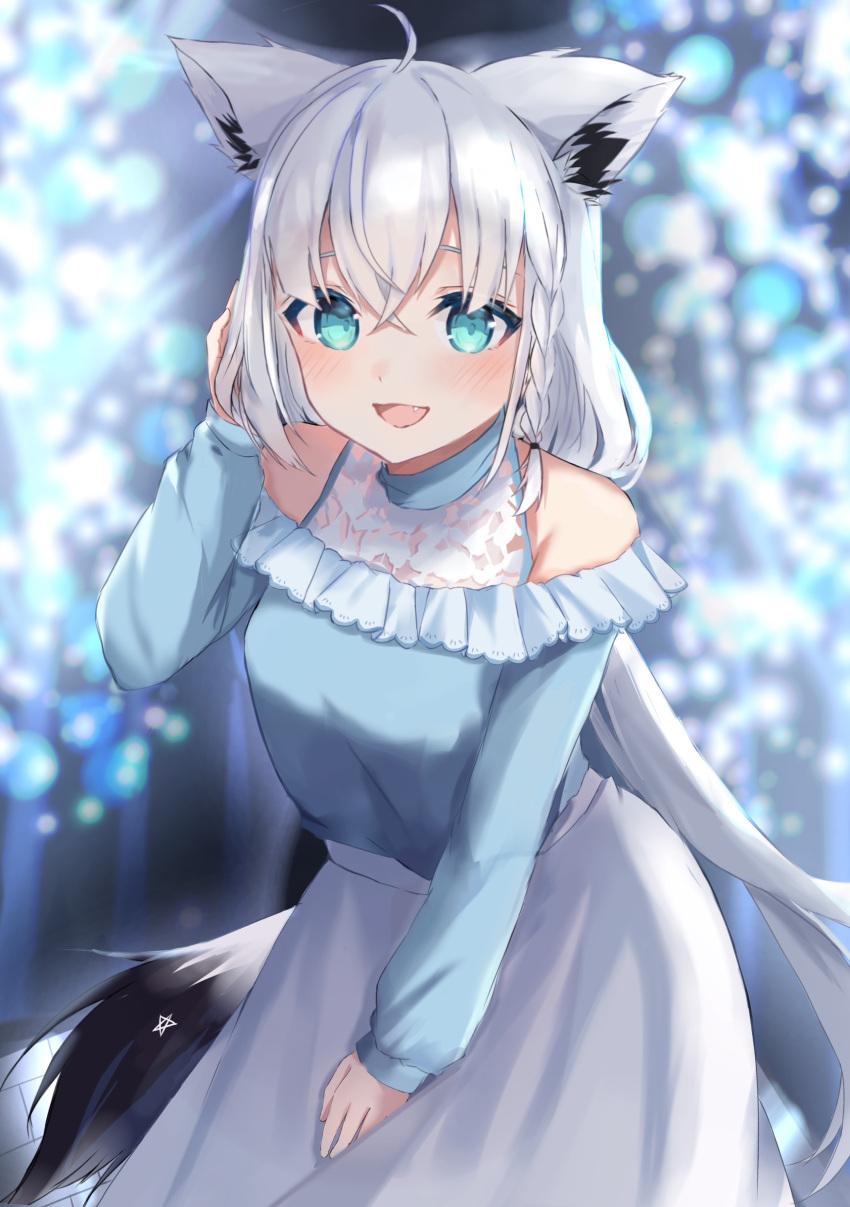 1girl absurdres ahoge animal_ear_fluff animal_ears bare_shoulders blue_shirt blurry blurry_background blush braid casual commentary_request dating earrings fox_ears fox_girl fox_tail green_eyes hair_between_eyes hand_in_own_hair highres hololive jewelry koto_(user_cygc4478) long_hair long_skirt looking_at_viewer open_mouth shirakami_fubuki shirt sidelocks single_braid skirt solo tail virtual_youtuber white_hair white_skirt