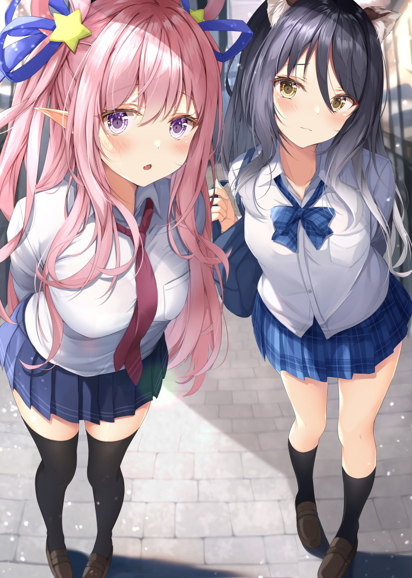 2girls absurdres alternate_costume animal_ears arms_behind_back black_hair blurry blurry_foreground blush breasts hatsune_(princess_connect!) highres looking_at_viewer multiple_girls open_mouth pink_hair pointy_ears princess_connect! rumiko_(rmeco) school_uniform shiori_(princess_connect!) siblings small_breasts smile standing thigh-highs violet_eyes