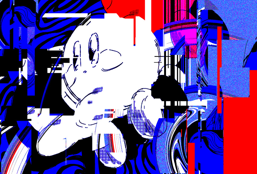 abstract_background blue_background blush_stickers commentary_request glitch highres kananishi kirby kirby_(series) no_humans parted_lips red_background shoes solo static two-tone_background