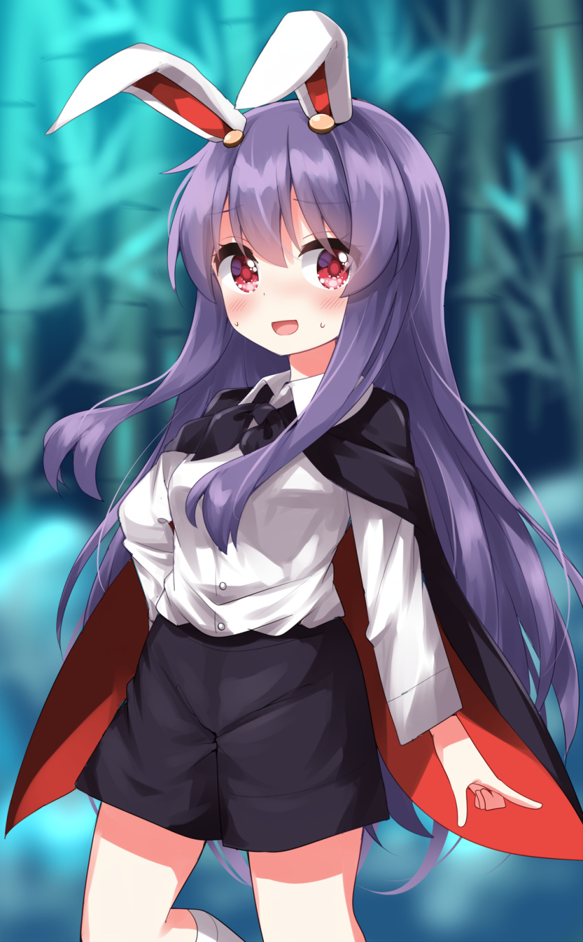 1girl :d animal_ears bamboo bamboo_forest black_cape black_shorts blush cape collared_shirt commentary_request cosplay cowboy_shot forest highres long_hair long_sleeves nature pointing rabbit_ears red_cape red_eyes ruu_(tksymkw) shirt shorts smile solo touhou two-sided_fabric two-tone_cape very_long_hair white_shirt wriggle_nightbug wriggle_nightbug_(cosplay)