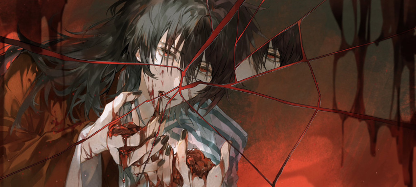 1boy black_hair black_nails blood blood_on_face blood_on_hands broken_glass chinese_clothes dao_gui_yi_xian dur67582477 glass hair_between_eyes hair_down hanfu highres li_huowang long_hair long_sleeves looking_at_viewer male_focus red_eyes solo upper_body