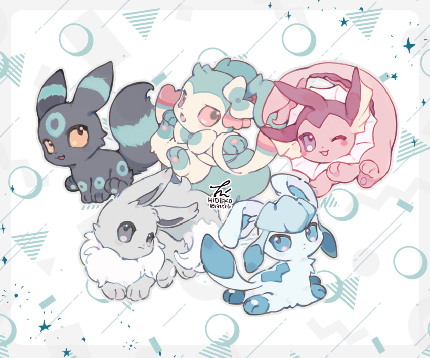 :3 alternate_color animal_focus blue_eyes blush_stickers eevee expressionless glaceon grey_background grey_eyes hideko_(l33l3b) highres no_humans one_eye_closed open_mouth outstretched_paw patterned_background pawpads pink_eyes pokemon pokemon_(creature) serious shiny_pokemon signature smile sparkle sylveon twitter_username umbreon vaporeon violet_eyes yellow_eyes