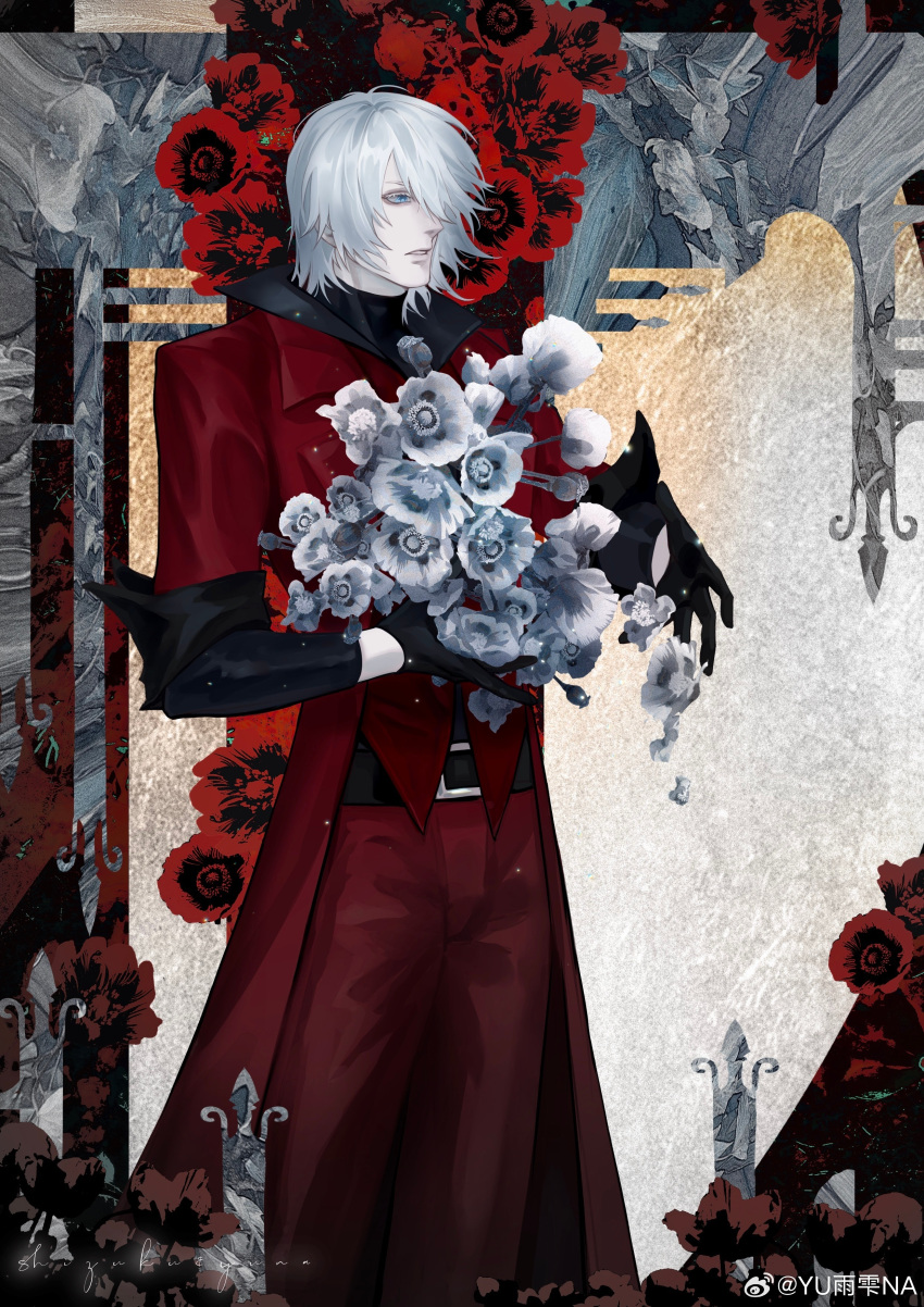 1boy absurdres belt bishounen black_gloves blue_eyes coat colored_eyelashes dante_(devil_may_cry) devil_may_cry_(series) devil_may_cry_1 flower gloves hair_over_one_eye highres holding holding_flower long_hair male_focus pale_skin red_coat solo thigh_belt thigh_strap weibo_6129080817 white_hair