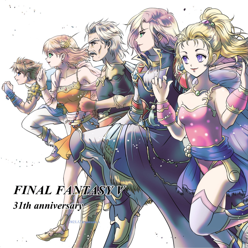 2boys 3girls anniversary armor ascot bare_shoulders bartz_klauser black_coat blonde_hair boots breasts brown_hair closed_mouth coat crossdressing dated earrings facial_hair faris_scherwiz final_fantasy final_fantasy_v galuf_halm_baldesion green_eyes grey_hair highres jewelry knee_pads krile_mayer_baldesion_(ff5) lenna_charlotte_tycoon leotard long_hair medium_breasts multiple_boys multiple_girls mustache muted_color orange_tunic pants parted_bangs parted_lips pink_hair pink_leotard ponytail profile purple_hair running short_hair shoulder_armor shoulder_spikes sirotuka_lambda smile spikes thigh-highs violet_eyes w_arms white_ascot white_pants white_thighhighs