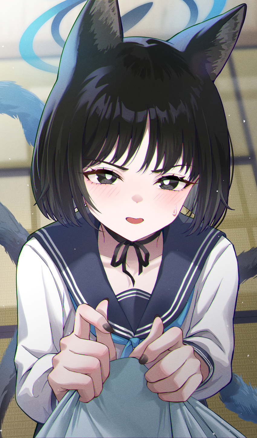 1girl absurdres animal_ears black_eyes black_hair black_nails black_sailor_collar blue_archive blue_halo blush cat_ears cat_tail collarbone fingernails halo highres indoors kikyou_(blue_archive) long_sleeves looking_at_viewer multiple_tails nail_polish open_mouth sailor_collar school_uniform serafuku short_hair solo tail tatami two_tails yeogpu_(seung832222)