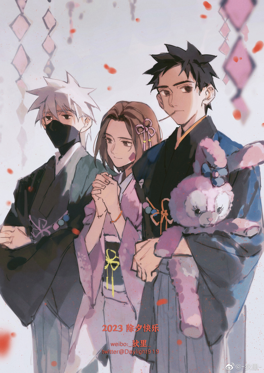 1girl 2023 2boys black_eyes black_hair black_jacket black_mask black_sash black_shirt blue_hakama blue_jacket blue_sleeves bracelet brown_eyes brown_hair character_request clenched_hand closed_mouth commentary confetti copyright_request crossed_arms di_li_(weibo_5658828484) fingernails floral_print flower_knot frown green_shirt hair_ribbon hakama haori highres holding holding_stuffed_toy interlocked_fingers jacket japanese_clothes jewelry kimono long_sleeves looking_at_viewer mask mouth_hold mouth_mask multiple_boys obi open_clothes open_jacket own_hands_clasped own_hands_together pink_kimono pink_ribbon pink_sleeves ribbon sash shide shirt short_hair spiky_hair stalk_in_mouth stuffed_animal stuffed_rabbit stuffed_toy symbol-only_commentary twitter_username very_short_hair watermark weibo_logo weibo_username white_background white_hair white_hakama wide_sleeves
