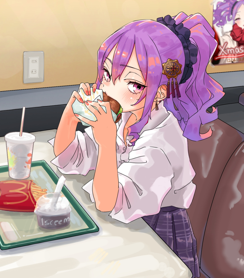 1girl breasts burger collared_shirt cup dress_shirt earrings eating fate/grand_order fate_(series) food french_fries hair_between_eyes hair_ornament hair_scrunchie highres jewelry long_hair looking_at_viewer niwaikanai ponytail purple_hair purple_skirt scrunchie shirt sidelocks skirt sleeves_rolled_up solo table tassel tassel_earrings violet_eyes white_shirt wu_zetian_(fate)
