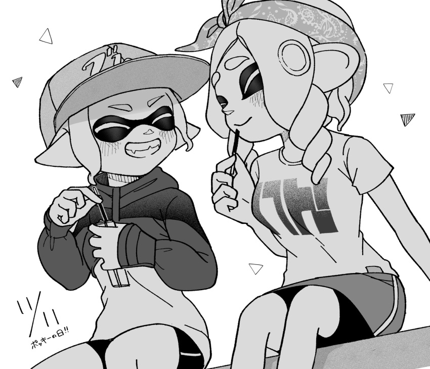 2girls bandana baseball_cap bike_shorts breasts closed_eyes closed_mouth commentary_request dated food greyscale grin hat highres holding holding_food holding_pocky inkling inkling_girl medium_hair monochrome multiple_girls octoling octoling_girl pocky shirt short_hair simple_background sitting smile splatoon_(series) sweater teeth tentacle_hair thick_eyebrows tkhrskrrmy translation_request triangle white_background