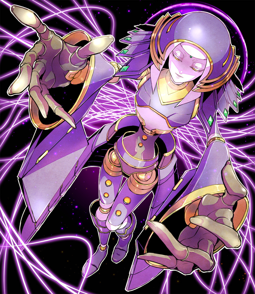 1girl android closed_eyes doll_joints duel_monster el_shaddoll_construct forehead_jewel full_body hands_up highres joints long_sleeves open_hand solo wide_sleeves yu-gi-oh! yukitaka_(zzzzz)