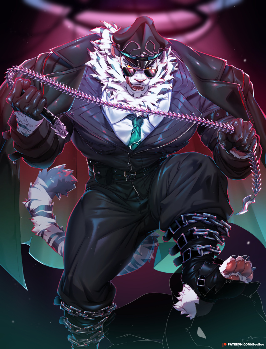 1boy absurdres animal_ears belt black_coat black_gloves black_headwear black_pants black_suit booboo_(19816236) chain claws coat dislyte english_commentary fangs furry furry_male gloves green_necktie highres holding holding_whip jin_qiu_(ru_shou)_(dislyte) licking_lips looking_at_viewer male_focus necktie open_mouth paid_reward_available pants patreon_logo patreon_username pawpads shirt stepped_on suit sunglasses tail tiger_boy tiger_ears tiger_stripes tiger_tail tongue tongue_out white_shirt