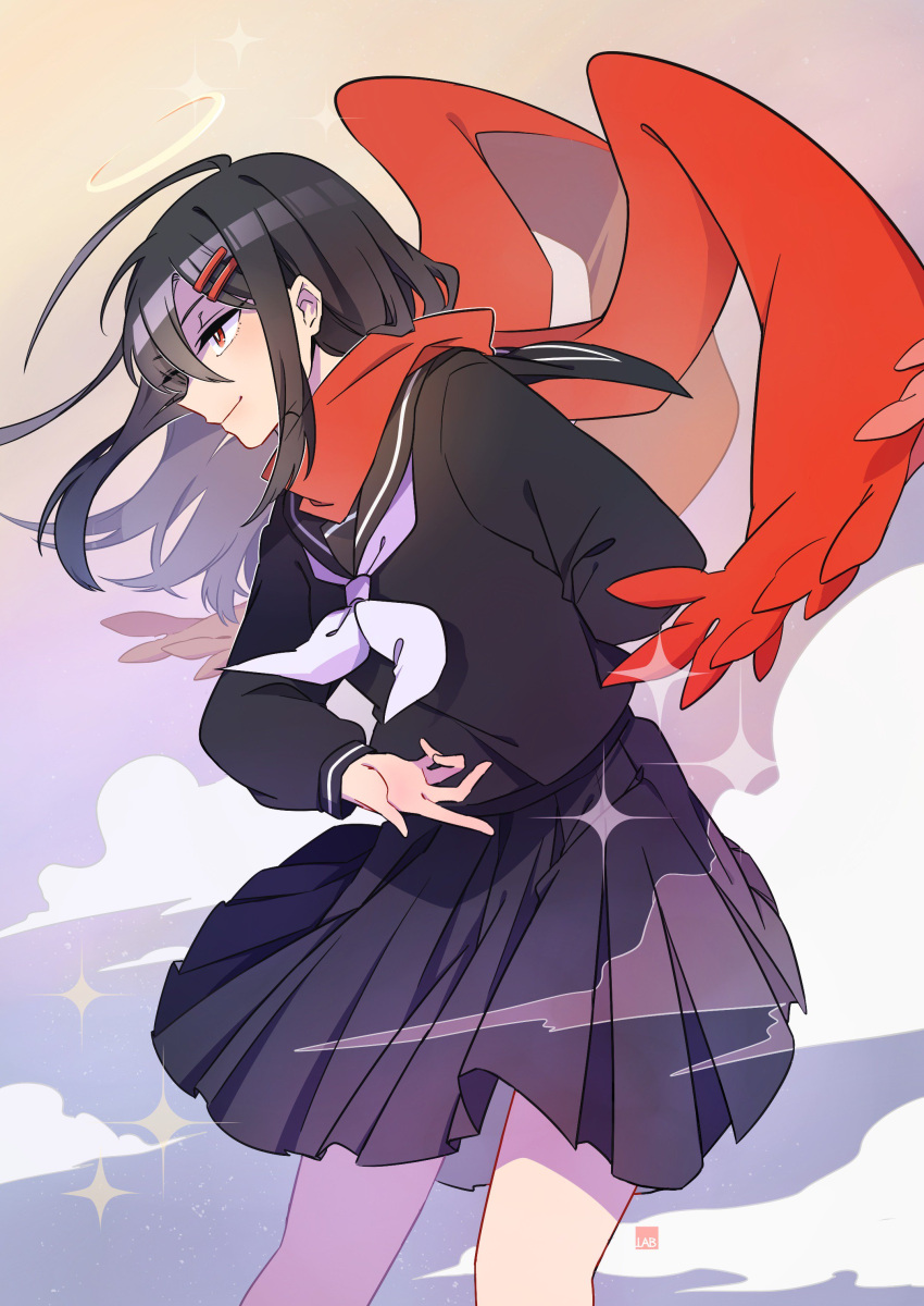 1girl absurdres arm_behind_back black_hair black_sailor_collar black_serafuku black_shirt black_skirt blue_sky closed_mouth clouds commentary_request day feet_out_of_frame floating_scarf fringe_trim from_side gradient_sky hair_ornament hairclip hashtag_only_commentary highres kagerou_project labjusticaholic long_scarf long_sleeves looking_ahead outdoors pink_sky pleated_skirt red_eyes red_scarf sailor_collar scarf school_uniform serafuku shirt skirt sky sleeve_cuffs smile solo standing tateyama_ayano wind winter_uniform