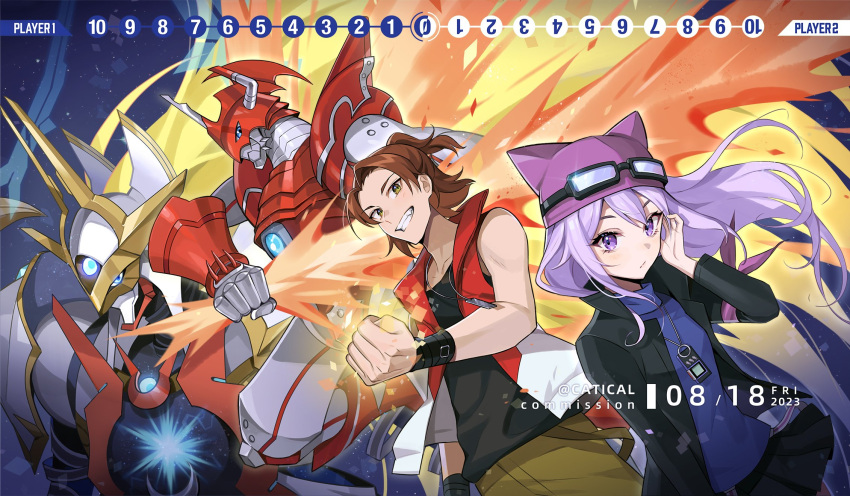 1boy 1girl artist_name black_jacket black_tank_top blue_eyes brown_eyes brown_hair brown_pants clenched_hand commission daimon_masaru dated digimon digimon_(creature) digimon_card_game digimon_savers digimon_story:_sunburst_and_moonlight digivice dragon energy_blade fiery_wings flaming_sword flaming_weapon goggles goggles_on_headwear gracenovamon hand_on_own_ear high_ponytail highres jacket long_hair looking_at_viewer mat_play mooopl pants purple_hair purple_headwear red_vest sayo_(digimon) shinegreymon_burst_mode short_hair short_ponytail tank_top vest violet_eyes wings