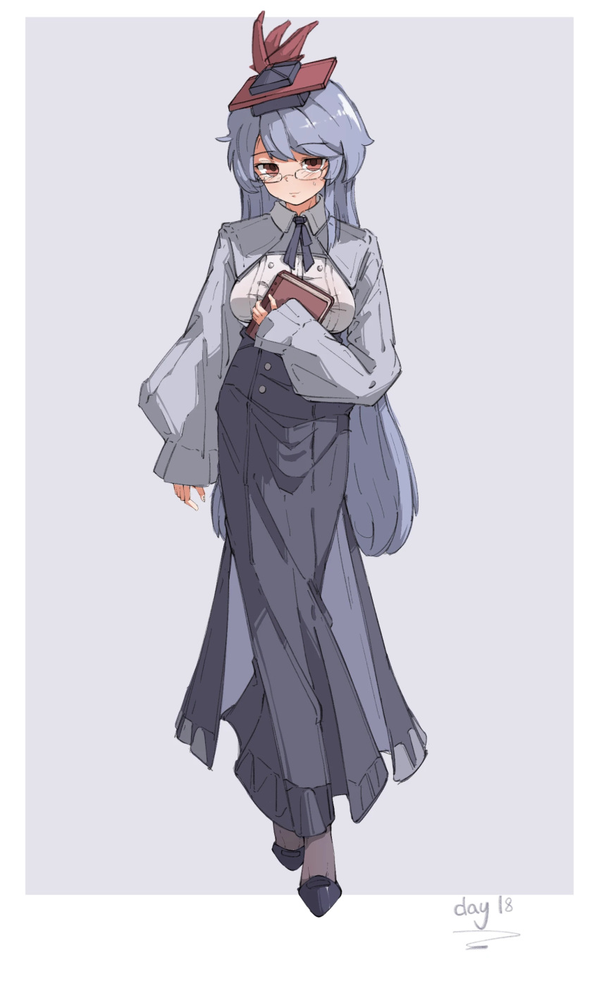 1girl alternate_costume arm_at_side bespectacled black_footwear blush book breasts buttons chinese_commentary closed_mouth commentary_request double-breasted fengzhong_yuntuan full_body glasses grey_hair grey_ribbon grey_skirt hat highres holding holding_book kamishirasawa_keine large_breasts light_smile long_hair long_skirt long_sleeves looking_at_viewer neck_ribbon red_eyes ribbon shirt shoes skirt sleeves_past_wrists solo sweatdrop touhou very_long_hair white_shirt