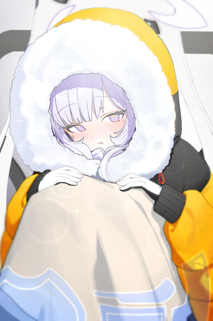 1girl blue_archive blush closed_mouth fur-trimmed_jacket fur_trim gloves halo highres himari_(blue_archive) hood hood_up jacket long_hair long_sleeves looking_at_viewer official_alternate_costume purple_halo solo violet_eyes white_gloves white_hair yellow_jacket zanya_000