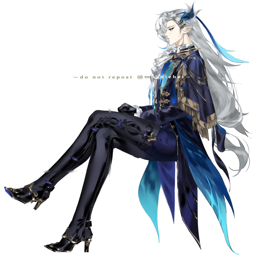 1boy artist_name ascot black_footwear black_gloves boots crossed_legs feather_hair_ornament feathers from_side genshin_impact gloves hair_ornament high_heel_boots high_heels highres long_hair looking_ahead male_focus miemiebei neuvillette_(genshin_impact) pointy_ears simple_background sitting solo violet_eyes white_ascot white_background