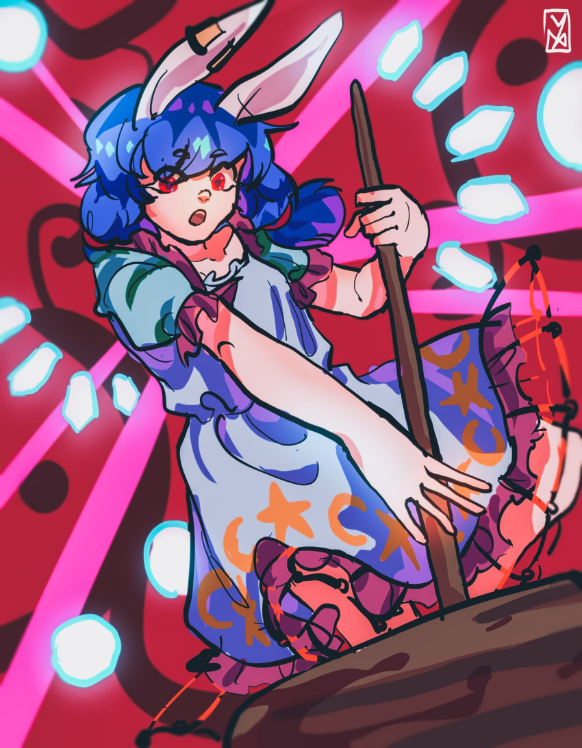 1girl animal_ears blue_dress blue_hair blue_sleeves blunt_ends commentary_request crescent_print danmaku dress eyelashes feet_out_of_frame frilled_dress frilled_sleeves frills hammer highres holding holding_hammer huge_weapon long_hair looking_at_object low_twintails one-hour_drawing_challenge open_mouth puffy_short_sleeves puffy_sleeves rabbit_ears red_background red_eyes seiran_(touhou) short_dress short_sleeves short_twintails signature solo star_(symbol) star_print teeth touhou twintails upper_teeth_only waiwa_way weapon