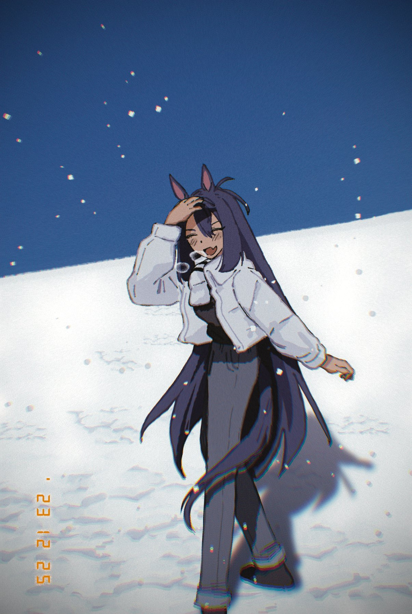 1girl alternate_costume animal_ears arm_up black_shirt blue_eyes boots brown_footwear chromatic_aberration closed_eyes coat dark-skinned_female dark_skin facing_viewer fang full_body grey_pants highres hishi_amazon_(umamusume) horse_ears horse_girl horse_tail long_hair long_sleeves mado_(71221497o) open_clothes open_coat open_mouth outdoors pants scarf shading_eyes shadow shirt skin_fang smile snow snowing solo standing tail timestamp umamusume very_long_hair white_coat