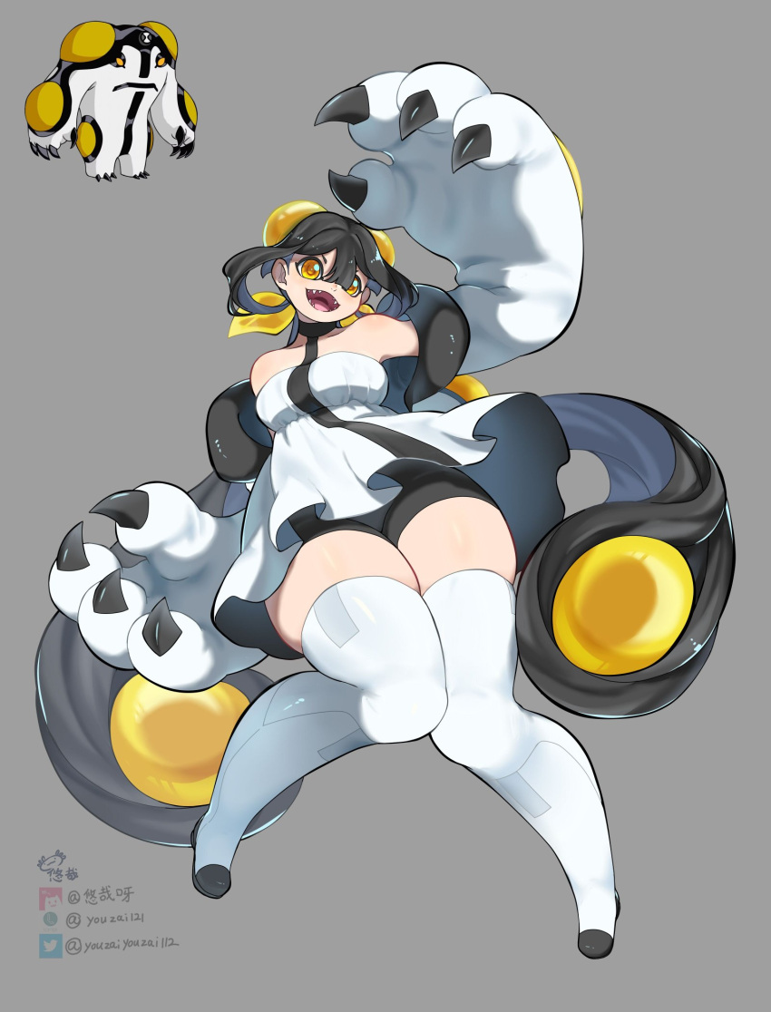 :d bare_shoulders ben_10 black_choker black_hair breasts character_request chinese_commentary choker claws dress grey_background hair_between_eyes highres knees_together_feet_apart long_hair medium_breasts open_mouth sharp_teeth short_dress simple_background skindentation smile teeth thick_thighs thigh-highs thighs twitter_username v-shaped_eyebrows very_long_hair white_thighhighs wide_hips yellow_eyes youzaiyouzai112