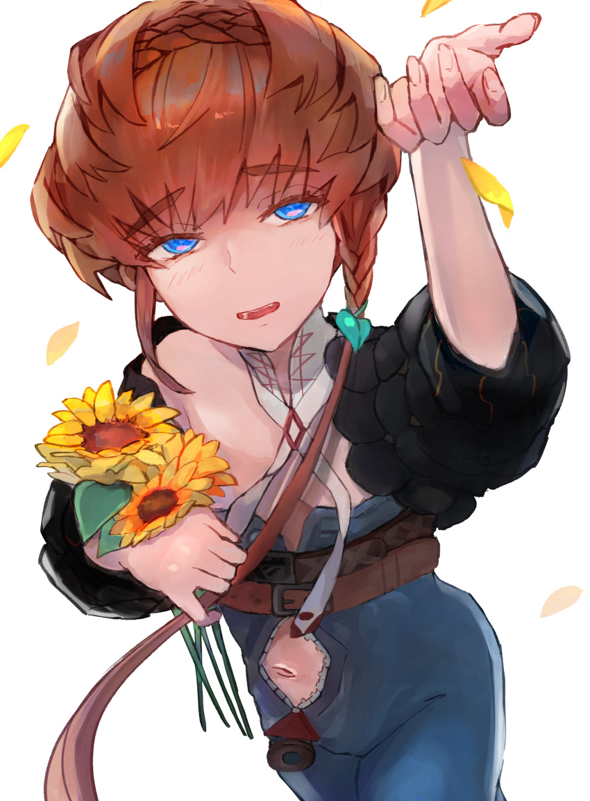 1girl absurdres arm_up black_sleeves blue_eyes blue_overalls blush braid breasts brown_hair clothing_cutout crown_braid fate/grand_order fate_(series) flower highres holding holding_flower looking_at_viewer navel navel_cutout open_mouth overalls puffy_short_sleeves puffy_sleeves shimogamo_(shimomo_12) short_sleeves side_braid simple_background small_breasts solo sunflower sunflower_petals teeth van_gogh_(fate) white_background yellow_flower zipper_pull_tab