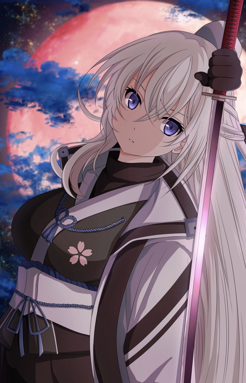 1girl absurdres black_gloves breasts clouds coat double-parted_bangs eiyuu_densetsu full_moon gloves hair_between_eyes half_updo highres holding holding_sword holding_weapon katana konohannunopencil kuro_no_kiseki large_breasts long_hair looking_at_viewer moon night night_sky open_clothes open_coat portrait red_moon shizuna_rem_misurugi sidelocks sky solo sword upper_body violet_eyes weapon white_hair