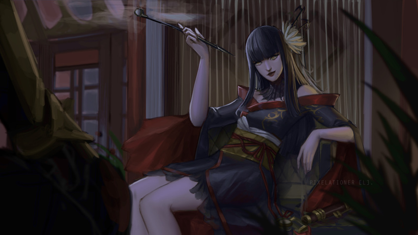 1girl arm_rest artist_name bat_hair_ornament black_collar black_hair black_kimono blunt_bangs blunt_ends collar commentary couch english_commentary feet_out_of_frame final_fantasy final_fantasy_xiv flower from_side hair_flower hair_ornament hair_stick highres holding holding_smoking_pipe hyur indoors inrou japanese_clothes kimono kiseru lace_collar long_hair mole mole_under_mouth obi obiage obijime off_shoulder on_couch pixelationer plant red_lips sash sidelocks sitting smirk smoke smoking_pipe solo straight_hair yellow_eyes yotsuyu_goe_brutus