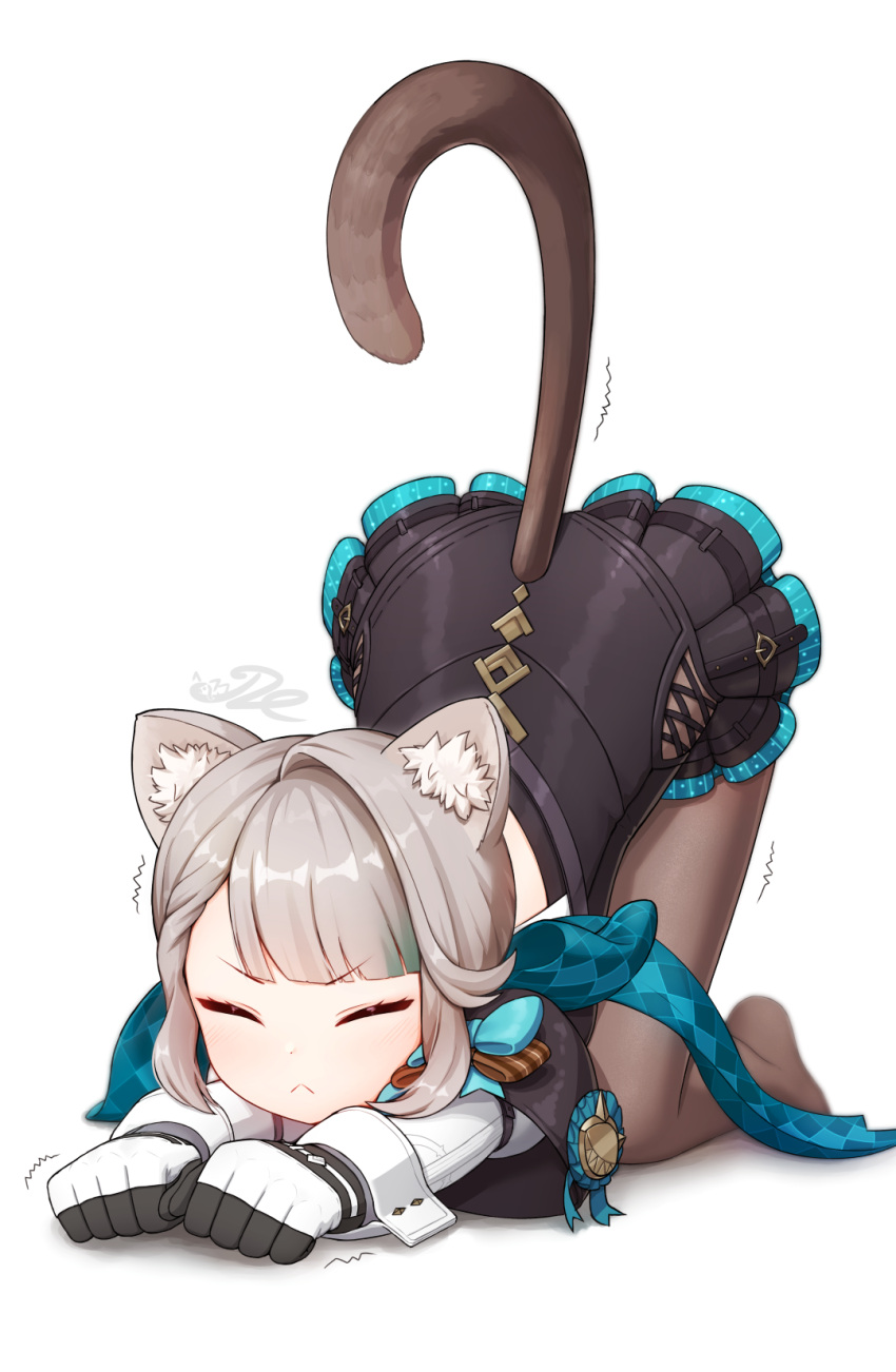 1girl all_fours animal_ear_fluff animal_ears aqua_bow black_pantyhose black_thighhighs blush bow cat_ears cat_girl cat_stretch cat_tail closed_eyes closed_mouth commentary_request downward_dog frilled_leotard frills genshin_impact gloves grey_hair highres j2l leotard long_sleeves lynette_(genshin_impact) miniskirt pale_skin pantyhose simple_background skirt solo stretching tail thigh-highs top-down_bottom-up two-tone_gloves white_background