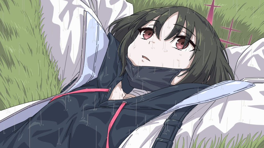 1girl arms_behind_head bandaged_neck bandages black_hair black_mask blue_archive brilliantko coat grass hair_between_eyes highres hood hoodie long_sleeves lying mask mask_pull misaki_(blue_archive) mouth_mask on_back open_clothes open_coat outdoors parted_lips rain red_eyes short_hair solo upper_body