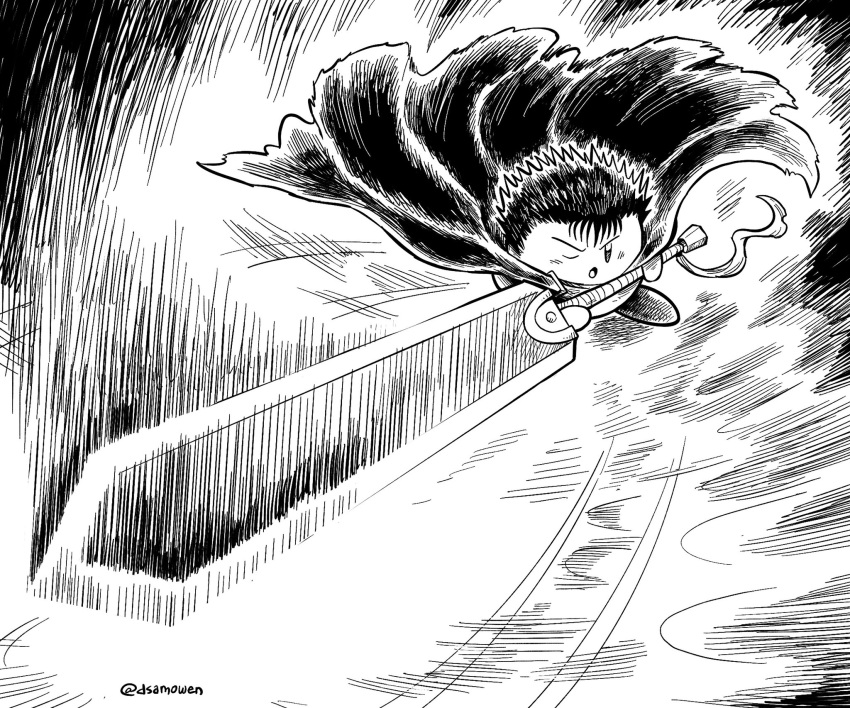:o bad_id bad_twitter_id berserk cape cosplay dragonslayer_(sword) fighting_stance greatsword guts_(berserk) guts_(berserk)_(cosplay) hatching_(texture) highres holding holding_sword holding_weapon inactive_account kirby kirby_(series) linear_hatching miura_kentarou_(style) monochrome one_eye_closed sam_o solo spiky_hair sword twitter_username v-shaped_eyebrows weapon